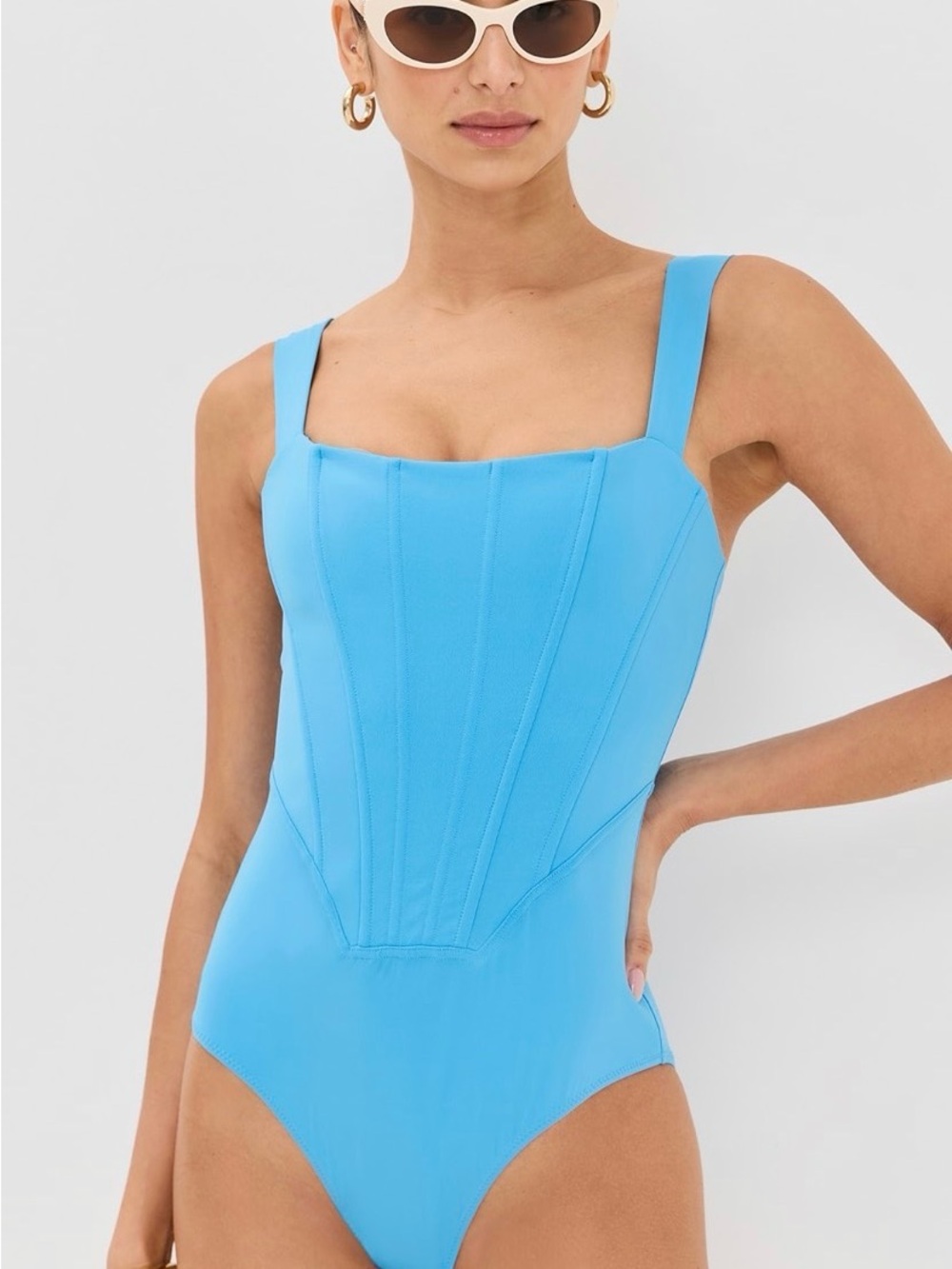 STAUD Square-Neck One-Piece Swimsuit in Sky Blue